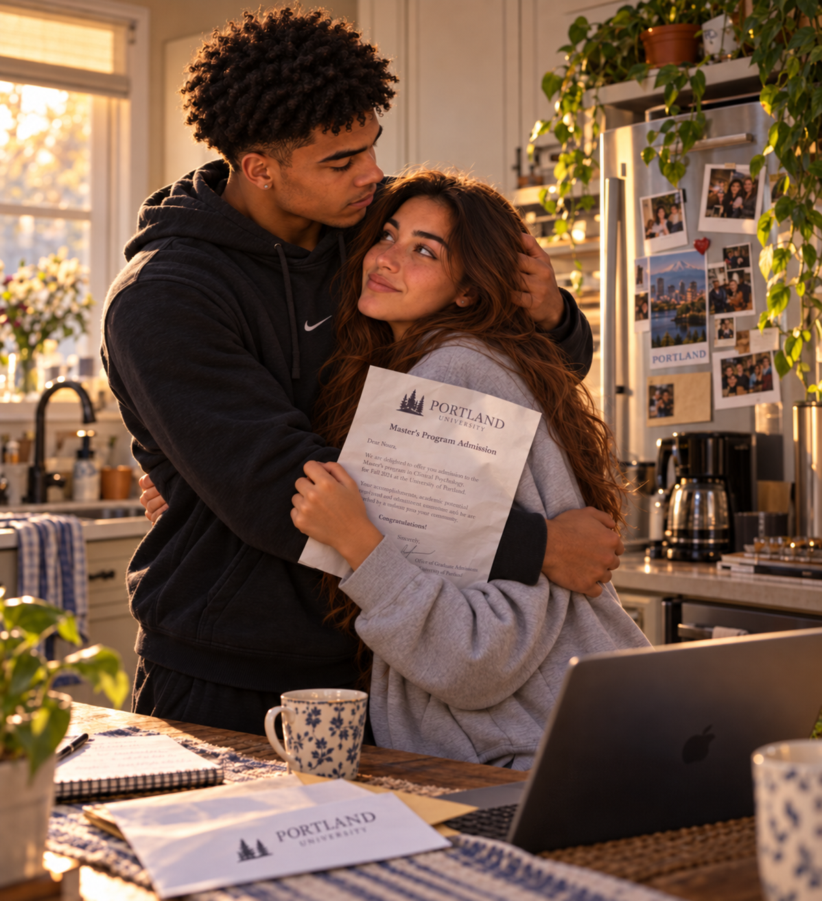 Malik abraza a Nora en la cocina mientras ella sostiene una carta de admisión de Portland.